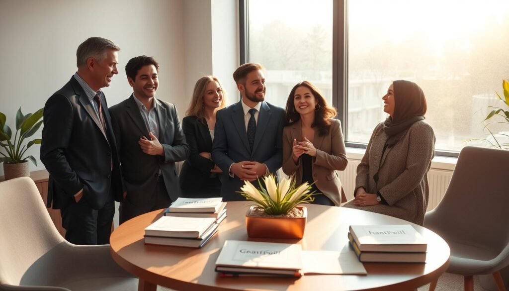 A serene office environment showcasing the principles of Nonviolent Communication (NVC) in action. In the foreground, a small group of three diverse professionals, dressed in business attire, are engaged in a warm and constructive discussion. Their expressions reflect openness and appreciation, embodying the spirit of gratitude. In the middle ground, a beautifully arranged table holds resources and materials on NVC, such as books and worksheets, surrounded by soft lighting to create an inviting atmosphere. The background features a large window with gentle sunlight filtering through, casting a warm glow across the room. The overall mood is one of collaboration and positivity, inviting viewers to reflect on the power of gratitude in communication.