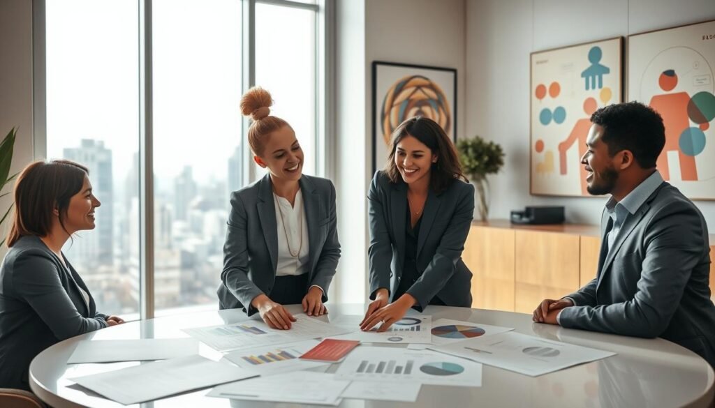 A serene office environment showcasing the theme of interdependence and effective communication. In the foreground, a diverse group of four professionals in business attire—two women and two men—engaged in an animated discussion around a round table, with charts and diagrams spread out before them. In the middle ground, a large window offers a view of a bustling cityscape, symbolizing the interconnectedness of ideas. Soft natural light filters through the window, casting a warm glow on their faces and creating a collaborative atmosphere. The background features modern artwork on the walls that represents unity and collaboration, enhancing the mood of constructive dialogue. The image conveys a sense of teamwork, mutual respect, and the importance of open communication in fostering interdependence.