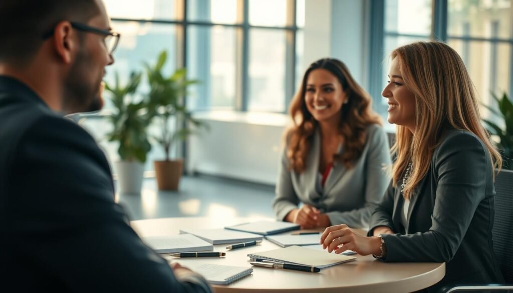 A serene office environment where two professionals are engaged in deep, meaningful conversation, illustrating the distinction between listening and hearing. In the foreground, a close-up of a man attentively nodding and a woman speaking with a gentle smile, both dressed in smart casual attire. The middle ground features a round table scattered with notepads and pens, symbolizing collaboration. In the background, soft lighting filters through large windows, casting a warm glow that enhances the atmosphere of connection and understanding. The color palette is soft and inviting, with hues of blue and green to evoke calmness and focus. The depth of field is shallow, emphasizing the interaction between the two individuals while creating a sense of intimacy and engagement in communication.