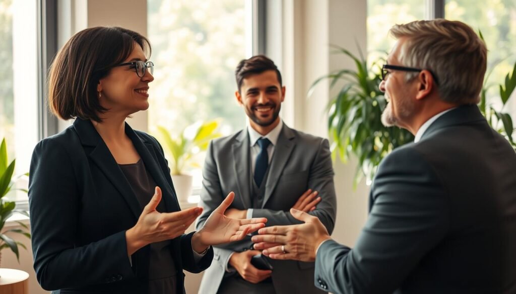 A serene office meeting space bathed in warm, natural light, showcasing a diverse group of three professionals engaged in a collaborative discussion. In the foreground, a middle-aged woman in smart casual attire is elegantly expressing her thoughts, while in the middle ground, a younger man, dressed in a professional suit, attentively listens with a supportive smile. In the background, a window displays a lush garden, symbolizing growth and healthy relationships. The atmosphere feels nurturing and positive, with soft shadows creating a sense of warmth and connection. The overall focus is on the non-verbal cues of empathy and understanding, capturing the essence of Nonviolent Communication and the integration of love and needs in fostering healthy relationships.