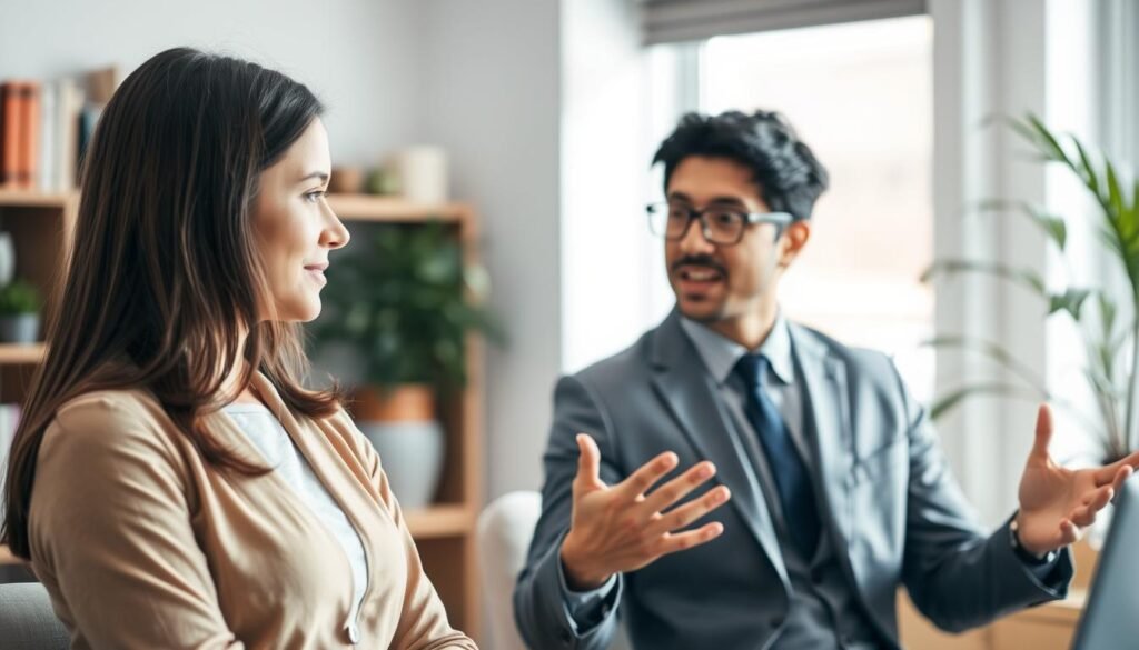 A serene office setting featuring two diverse professionals engaged in active listening. In the foreground, a woman with long brown hair, dressed in a smart casual outfit, leans slightly forward with a compassionate expression, showing empathy. In the middle ground, a man with short black hair and glasses, wearing a gray suit, is speaking passionately, his hands gesturing as he shares his frustrations. The background includes soft-focus elements of bookshelves and plants, creating a warm, inviting atmosphere. The lighting is soft and natural, streaming in from a nearby window, casting gentle shadows. The mood is one of connection and understanding, reflecting the essence of active listening and emotional empathy in communication.