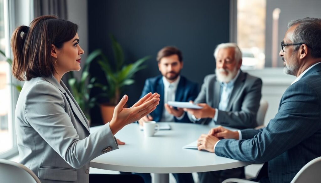 A serene office setting focused on a round table where a diverse group of five professionals engages in a discussion about nonviolent communication techniques. In the foreground, a middle-aged woman in smart business attire gestures expressively, emphasizing her point with an open hand. In the middle ground, a young man listens intently, taking notes, while an older gentleman leans forward, showing interest. The background features a large window with soft, natural light filtering in, casting a warm glow over the scene. Potted plants add a touch of greenery, enhancing the inviting atmosphere. The image conveys a sense of collaboration, understanding, and the challenges of embracing nonviolent communication, emphasizing the importance of overcoming barriers in conflict resolution.