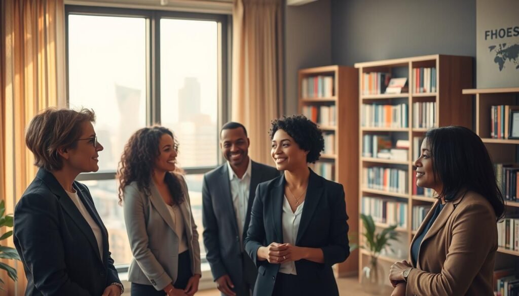 A serene office setting illustrating empathy in communication. In the foreground, a diverse group of three professionals, wearing smart business attire, are engaged in a heartfelt conversation, their expressions reflecting understanding and appreciation. In the middle ground, a large, softly-lit window reveals a cityscape, symbolizing openness and connection. Soft, natural light pours in, casting gentle shadows that enhance the warm atmosphere. In the background, shelves are filled with books on communication and human connection, subtly reinforcing the theme of empathetic dialogue. The mood is calm and inviting, emphasizing the benefits of nonviolent communication in showing appreciation, fostering a sense of community and mutual respect.