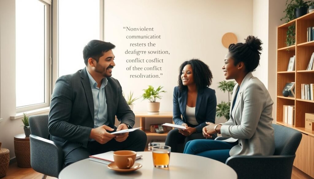 A serene office setting where two professional individuals engage in a constructive dialogue, emphasizing Nonviolent Communication and conflict resolution. In the foreground, a diverse man and woman sit at a round table, their body language open and friendly, with notes and a cup of tea in front of them. In the middle, a warm light streams through a large window, illuminating a wall adorned with motivational quotes about communication. In the background, a bookshelf filled with conflict resolution resources and plants creates a calming atmosphere. The scene should convey a sense of collaboration and understanding, with soft, natural lighting enhancing the inviting mood. The perspective should be slightly angled, giving depth to the interaction while maintaining focus on the participants.