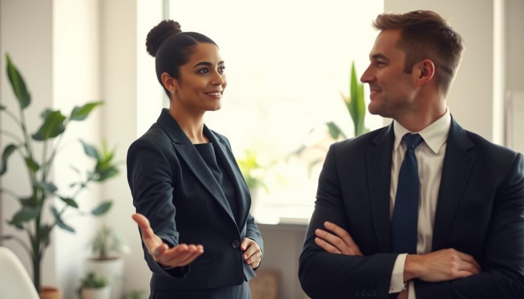 A serene office setting where two professionals are engaged in a compassionate conversation. In the foreground, a woman in smart business attire gestures gently, expressing a calm and respectful "no." Her facial expression conveys empathy and understanding. In the middle ground, a man, also dressed in professional attire, listens attentively, reflecting a receptive attitude without defensiveness. In the background, soft natural light filters through a large window, creating a warm and inviting atmosphere. The room has plants and neutral-toned decor, contributing to a peaceful environment. The overall mood is constructive and encouraging, emphasizing positive communication and mutual respect, capturing the essence of expressing a "no" with compassion.
