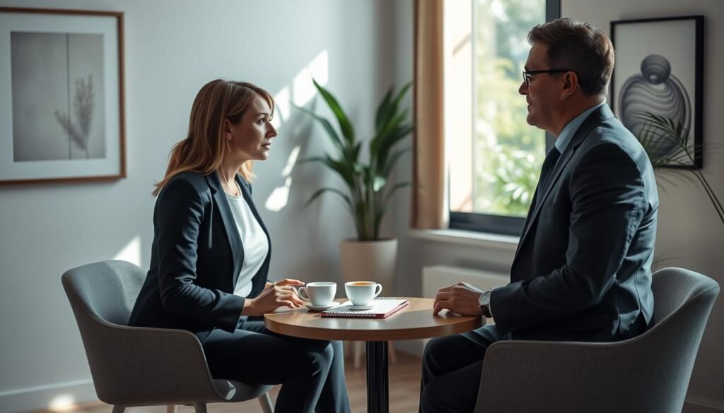 A serene office setting where two professionals engage in active listening during a heartfelt apology. In the foreground, a woman in smart business attire attentively leans forward, her expression showing empathy and understanding, while across from her, a man in a crisp suit speaks with sincerity, visible concern in his eyes. The middle ground captures a small table with a notepad and a cup of tea, symbolizing openness and receptiveness. Soft, natural lighting streams in from a nearby window, casting gentle shadows that enhance the peaceful atmosphere. The background features calming art on the walls and greenery outside, creating a harmonious and inviting environment. The overall mood is one of compassion, clarity, and connection, encapsulating the essence of active listening in the apology process.