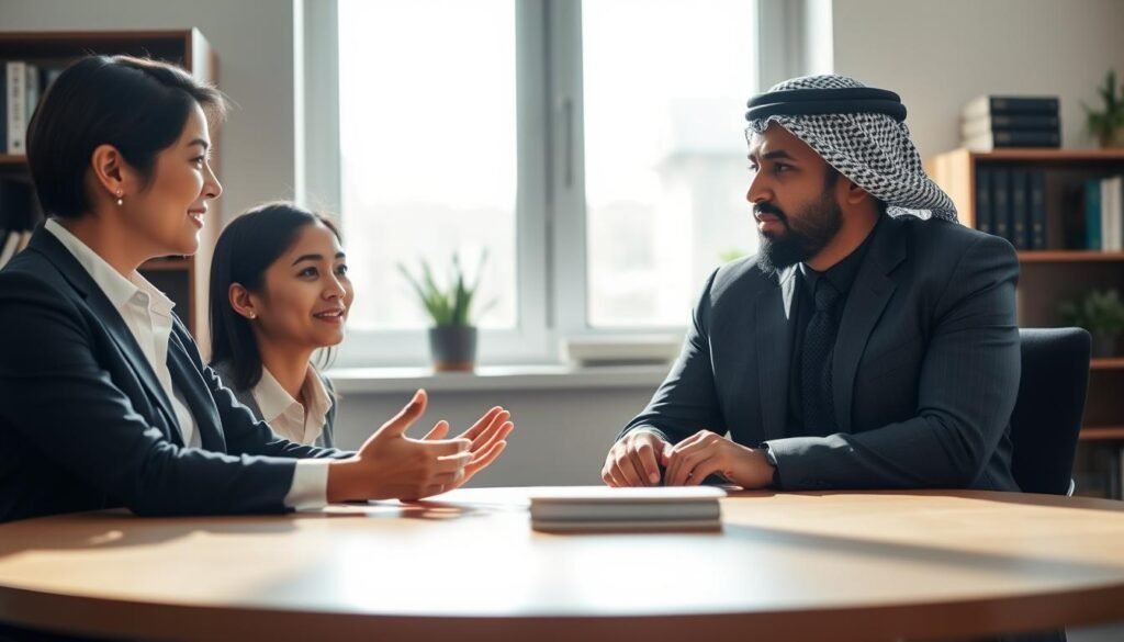 A serene office setting, with a circular conference table at the foreground, featuring two diverse professionals in business attire. One person, a woman of Asian descent, is calmly expressing her thoughts, while the other, a man of Middle-Eastern descent, listens attentively, showing understanding and empathy. In the middle ground, a soft light emanates from a window, casting gentle shadows that create a warm atmosphere. The background includes shelves with books on communication and conflict resolution, adding depth to the scene. The overall mood is one of constructive dialogue and emotional intelligence, reflecting the themes of assertiveness and conflict management. The lighting should be bright but soft, highlighting the expressions of both individuals as they engage in a meaningful conversation.