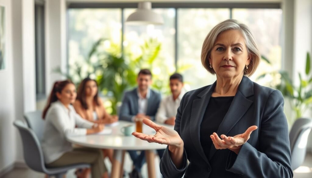 A serene office setting with a professional atmosphere, featuring a person in business attire, standing confidently yet softly in the foreground. The individual, a middle-aged woman with empathetic eyes, gestures with open hands, embodying a gesture of apology. In the middle ground, a diverse group of colleagues, seated at a round table, expresses understanding and support, with focused expressions. The background reveals a light-filled office space with greenery, symbolizing growth and harmony. Soft, natural lighting illuminates the scene, casting gentle shadows that enhance the mood of compassion. The angle is slightly above eye level, adding a sense of clarity and openness to the interaction. The overall atmosphere is respectful and sincere, highlighting the transformative power of heartfelt apologies.
