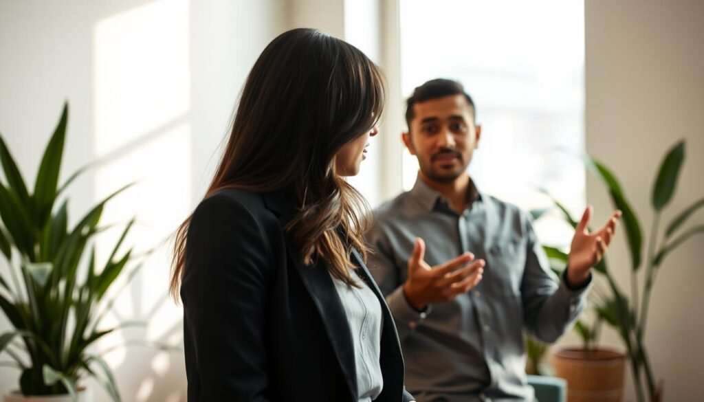 A serene office setting with two diverse individuals engaged in a deep conversation, emphasizing active listening. In the foreground, a woman of South Asian descent wearing a professional blazer, nods attentively, her expression conveying empathy and understanding. In the middle ground, a man of Hispanic descent, in a modest casual shirt, speaks with open body language, his hands gently gesturing to illustrate his thoughts. Soft, natural lighting streams in from a window in the background, creating a warm and inviting atmosphere that encourages open communication. The background features subtle plants, symbolizing growth and connectivity. The mood should evoke a sense of collaboration, respect, and emotional intelligence, highlighting the essence of active listening and interpersonal skills.