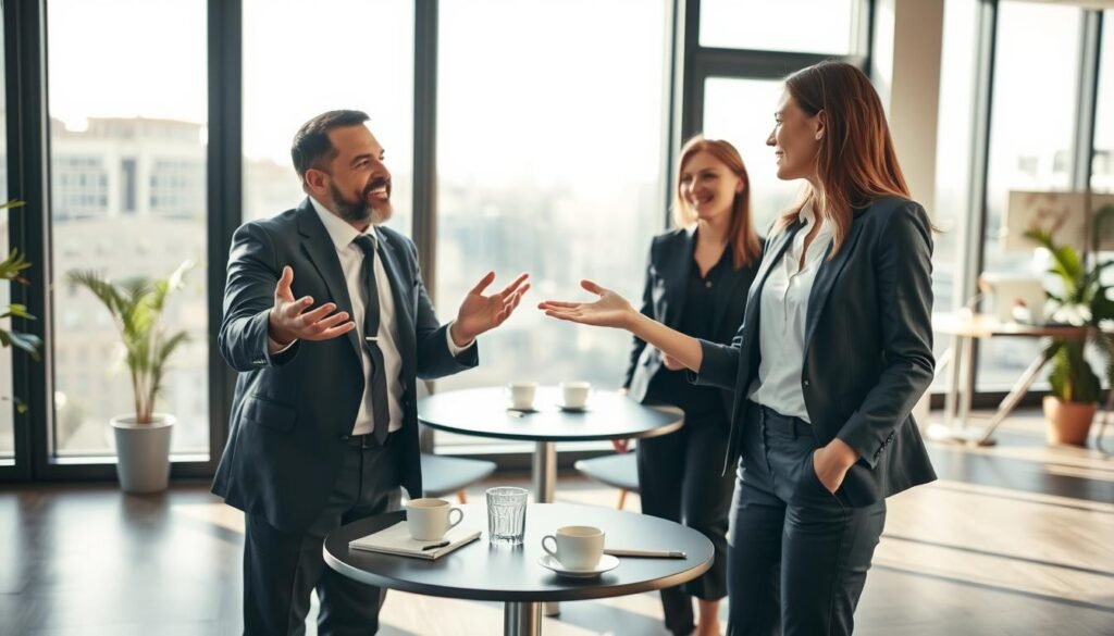 A serene office setting with two professionals, one man and one woman, engaged in a constructive conversation. In the foreground, the man, wearing a tailored suit, gestures open-handedly, demonstrating openness and assertive communication. The woman, dressed in smart casual attire, listens attentively, showcasing an inviting demeanor. In the middle ground, a large glass window reveals a bright day outside, symbolizing clarity. A round table with notebooks and coffee cups sits between them, representing collaboration. The background features soft-focus office decor, adding a professional atmosphere. Use warm natural lighting to create an inviting feel, emphasizing the positive emotions associated with assertive communication. Aim for a wide-angle perspective to capture the interaction and the environment cohesively.