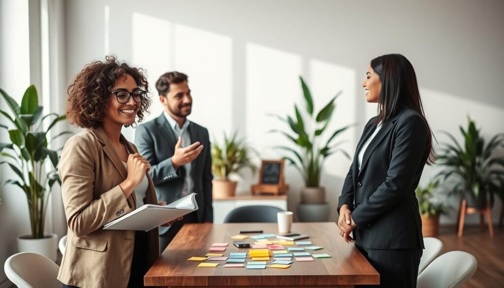 A serene office space featuring a diverse group of three professionals in modest business attire engaged in a deep conversation about personal growth and empathy. In the foreground, a woman with curly hair and glasses, holding a notebook, reflects thoughtfully with a soft smile. To her left, a man with short hair gestures enthusiastically, while a woman with straight black hair listens intently, showcasing engaged body language. In the middle, a wooden table is scattered with colorful sticky notes, symbolizing self-reflection and personal development tools. The background shows a large window with soft natural light filtering in, illuminating a calm indoor plant arrangement, creating an atmosphere of warmth and positivity, ideal for encouraging self-awareness and understanding. The overall mood is uplifting, focused, and collaborative, emphasizing the importance of empathy in personal challenges.
