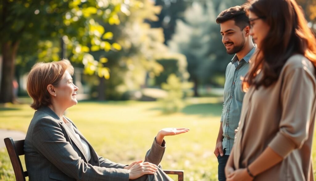 A serene outdoor scene depicting a diverse group of three individuals, one seated and two standing, engaged in a gentle conversation. The person seated, a woman in professional business attire, articulates a calm and compassionate "No," with a soft expression and open body language. The two standing individuals, a man and a woman in modest casual clothing, listen attentively, their postures reflecting understanding and empathy. The setting is a sunlit park with lush greenery, creating an inviting atmosphere. The focus is on their expressions and body language, with a shallow depth of field blurring the background slightly to emphasize the central figures. The warm, natural lighting casts a soft glow, enhancing the mood of compassion and self-care in communication.