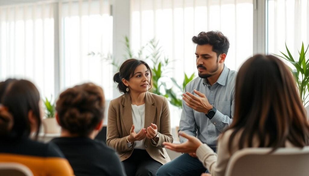 A serene, professional setting depicting a small group of diverse individuals engaged in a deep, empathetic conversation. In the foreground, a middle-aged woman in modest, professional attire is leaning forward, listening attentively to a younger male colleague, who gestures with his hands, emphasizing his point. The middle section shows an evenly lit room filled with soft, natural light filtering through large windows, creating a warm atmosphere. Plants are positioned strategically in the background, enhancing the sense of a supportive environment. The mood is focused and compassionate, highlighting Nonviolent Communication (CNV) principles. Use a slightly elevated angle to capture both body language and facial expressions, emphasizing the connection and emotional engagement among the participants.