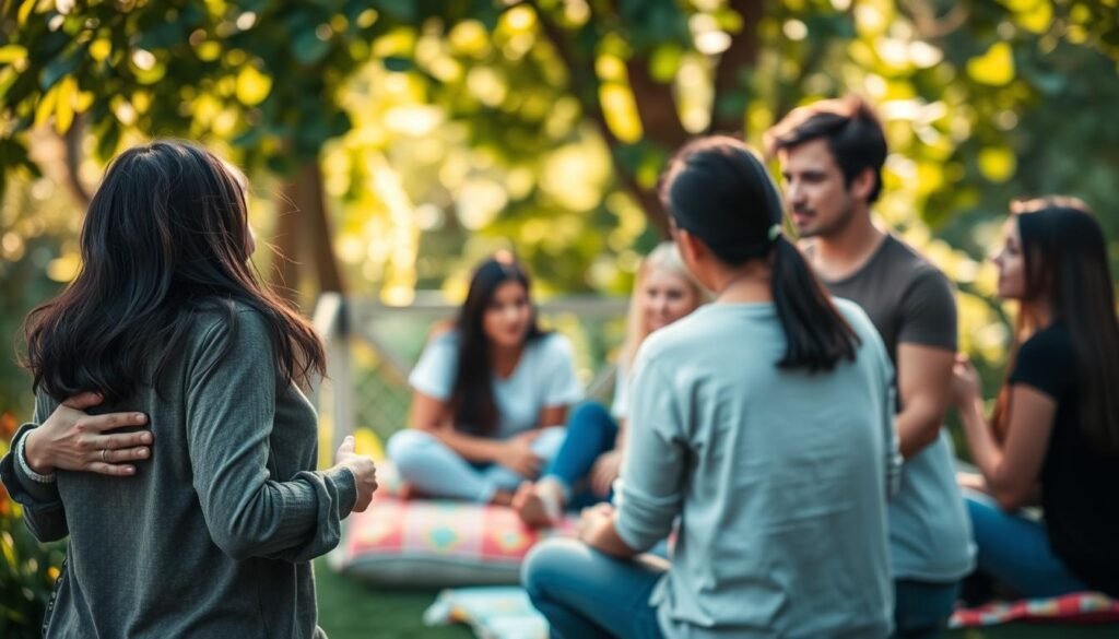 A serene scene depicting a diverse group of individuals engaged in a supportive conversation in a lush garden setting, representing social support and emotional self-regulation. In the foreground, two friends, one with dark hair and the other with light hair, share a warm embrace, their expressions reflecting empathy and understanding. In the middle, a small circle of three people, seated on colorful cushions, attentively listen and exchange comforting gestures, showcasing active listening and emotional connection. The background features soft-focus greenery, with dappled sunlight filtering through leaves, creating a peaceful and inviting atmosphere. The lighting is soft and warm, enhancing the feeling of safety and trust, with a shallow depth of field to draw attention to the central figures, capturing an intimate moment of support and self-compassion.