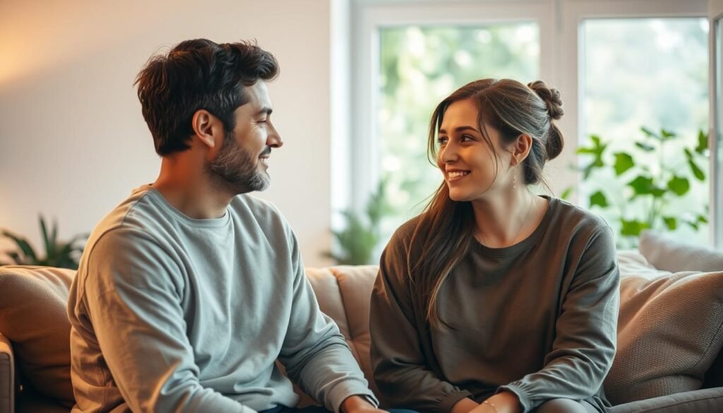 A serene scene depicting interpersonal relationships and emotional connection between two people in a warm, inviting environment. In the foreground, a man and woman, both in modest casual clothing, share a heartfelt conversation, their expressions reflecting empathy and understanding. In the middle ground, a softly lit setting with plush furniture and warm colors enhances the feeling of intimacy and openness. The background features softly blurred greenery through a window, symbolizing growth and connection. The lighting is warm, emanating a cozy glow, and the angle is a close-up that captures their expressions and the emotional connection between them. The overall mood is peaceful and nurturing, illustrating the essence of natural communication and emotional bonds.