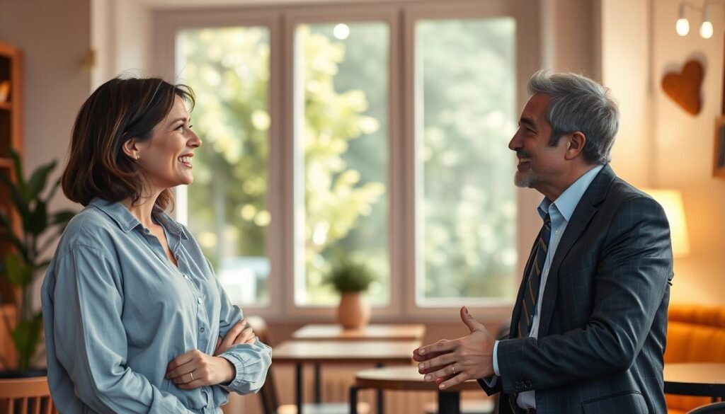 A serene scene depicting two individuals engaged in a heartwarming conversation, showcasing the essence of self-empathy and interpersonal relationships. In the foreground, a woman in modest casual clothing listens attentively, her expression warm and understanding. Opposite her, a man in professional business attire shares his thoughts, embodying vulnerability and connection. In the middle ground, a cozy café setting is filled with soft, inviting pastel colors and warm soft lighting, enhancing the atmosphere of openness. The background features gentle greenery visible through a large window, suggesting a tranquil outdoor space. The overall mood is calm and supportive, emphasizing the positive impact of self-empathy on personal interactions. The image should be captured with a soft focus lens, evoking a sense of intimacy and warmth without any distractions.