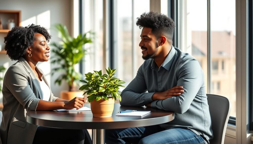 A serene, sunlit office setting representing the concept of "empathy." In the foreground, two diverse professionals, a Black woman and a Hispanic man, sit at a round table, engaged in an attentive conversation, showcasing genuine expressions of understanding and connection. In the middle ground, a vibrant potted plant symbolizes growth and harmony, while a notepad and pen are laid out, hinting at meaningful exchanges. In the background, soft natural light streams through large windows, casting warm shadows that create an inviting atmosphere. The scene should evoke a sense of calm and support, dressed in smart casual clothing to emphasize professionalism. Use a wide-angle lens for a cozy composition.