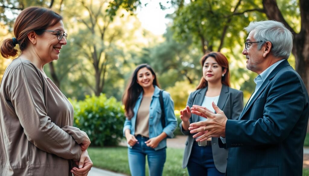 A serene urban park scene featuring a diverse group of four people engaged in a harmonious conversation, promoting non-violent communication. In the foreground, a middle-aged woman in modest casual clothing expresses empathy with a gentle smile, while a young man in professional attire listens attentively, demonstrating presence. The middle layer showcases a young woman and an older man, also in casual and business attire, collaborating on a conflict resolution dialogue with open body language. The background includes lush greenery and soft sunlight filtering through the trees, creating an inviting atmosphere. The angle is slightly elevated, providing a panoramic view of the interaction. The mood is hopeful and constructive, emphasizing connection and understanding in everyday life.