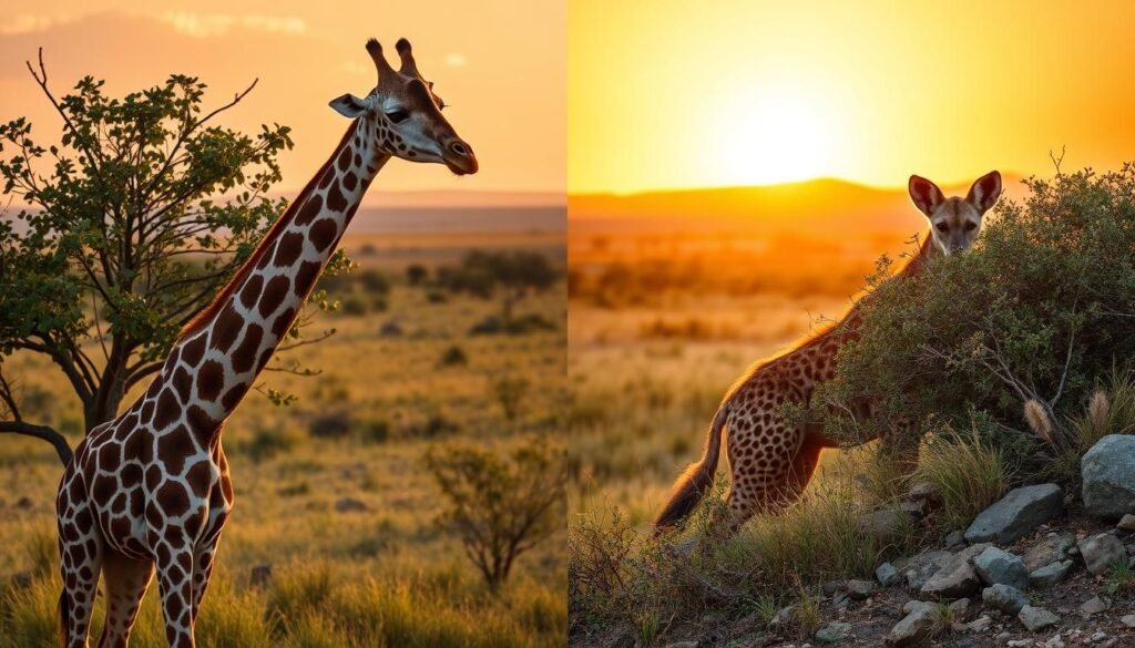 A split scene contrasting the honesty of a giraffe and a jackal in a vibrant savanna setting. In the foreground, the graceful giraffe stands tall, its long neck elegantly reaching for acacia leaves, embodying sincerity with gentle eyes and a calm demeanor. Opposite, the cunning jackal is depicted peering from behind a bush, showcasing its slyness with a slightly arched back and a watchful gaze. The middle ground features a blend of lush grass and scattered rocks, enhancing the wildlife theme. In the background, a golden sunset casts warm light over the landscape, creating a serene atmosphere. Use a soft focus with a wide-angle lens to emphasize depth, ensuring a clear distinction between the giraffe's honesty and the jackal's cunning nature.
