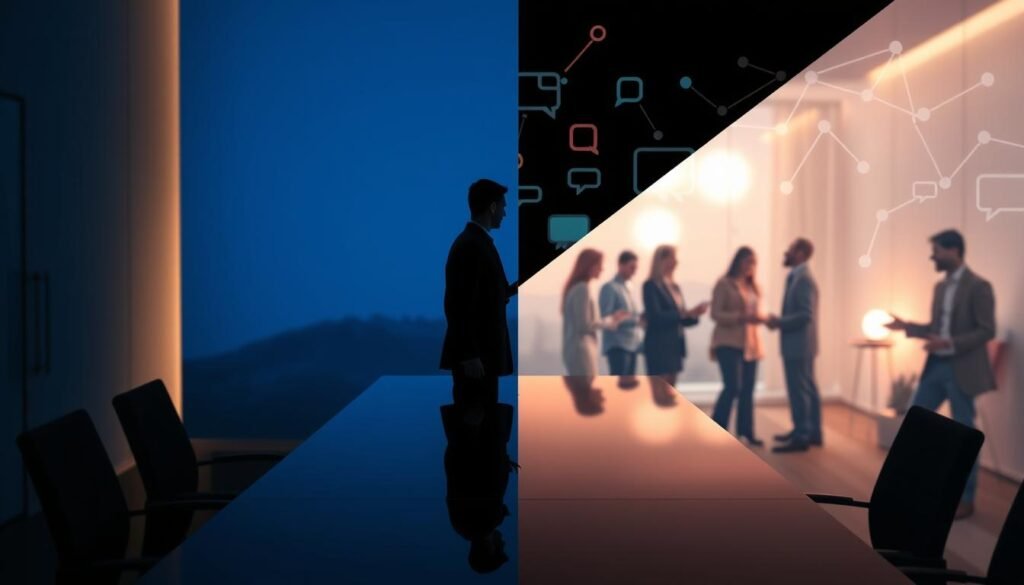 A split scene illustrating "alienation in communication": In the foreground, a professional in business attire stands isolated at a sleek, modern conference table, looking at a digital device that casts a cold blue light onto their face, symbolizing disconnection. In the middle ground, blurred figures are engaged in lively discussion, representing authentic connection, surrounded by warm lighting that evokes a sense of community. The background features a digital landscape with fragmented communication symbols like broken chat bubbles and disconnected wires, highlighting the theme of alienation. The overall mood is contemplative and stark, contrasting the warmth of genuine interaction with the chill of digital disconnection, captured from a slight upward angle to emphasize the distance between the individual and the thriving group.