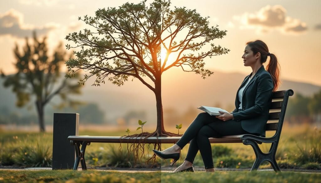 A split scene illustrating the concept of emotional dependence and personal growth. In the foreground, a woman dressed in professional attire sits on a park bench, looking contemplative while holding a journal. In the middle, a tree symbolizes stability and support, with branches reaching out, while smaller roots extend into the ground, representing a balance of dependence and independence. The background features a gentle sunrise, casting warm golden light that symbolizes hope and renewal. Soft-focus elements such as clouds and distant mountains create depth, enhancing the mood of introspection and serenity. The overall atmosphere should convey a mixture of reflection, yearning for growth, and the journey towards emotional independence.