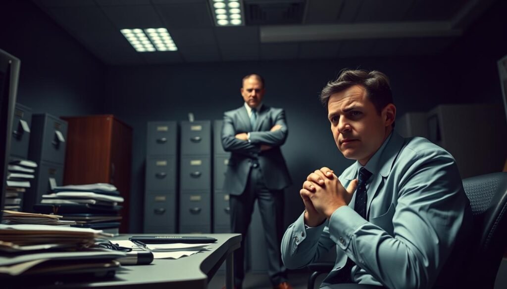 A tense office setting conveying "fear of authority." In the foreground, a visibly anxious employee in professional attire sits at a cluttered desk, hands clasped tightly. Their facial expression shows unease as they glance towards an imposing figure, a stern manager in a sharply tailored suit, who stands in the middle ground with crossed arms, casting a long shadow. The background features a dimly lit office space with towering filing cabinets and a flickering overhead light, enhancing the oppressive atmosphere. The scene is shot from a low angle, emphasizing the power dynamic. Soft, diffused lighting highlights the contrasting emotions, creating a mood of anxiety and tension, perfectly encapsulating the theme of fear in a workplace context.