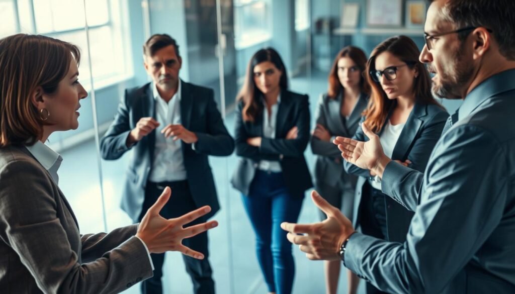 A tense scene depicting interpersonal conflict in a corporate setting. In the foreground, two people in professional attire are engaged in a heated discussion; one is gesturing emphatically, while the other looks frustrated and defensive. In the middle ground, a few co-workers observe the confrontation with expressions of concern and curiosity, creating an atmosphere of tension and unease. The background features a modern office environment with glass walls and soft lighting that enhances the dramatic mood, emphasizing the seriousness of the situation. Use a low-angle perspective to highlight the intensity of the conflict, focused lighting on the characters to create dynamic shadows, and a slightly blurred backdrop to draw attention to the emotional exchange.
