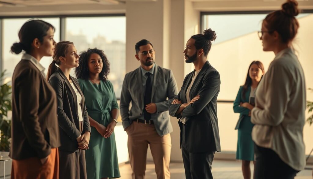 A thought-provoking scene illustrating the consequences of obedience in interpersonal relationships. In the foreground, a diverse group of professional individuals in modest attire, engaged in a discussion that reflects a power dynamic, with one person standing confidently while others listen attentively. The middle ground depicts subtle body language cues—some individuals appear hesitant, while others display acceptance. The background features a softly lit office environment with large windows, casting gentle shadows that enhance the mood of introspection and contemplation. Use warm, diffused lighting to evoke a sense of connection and tension, shot from a slightly elevated angle to capture the group's interaction. The atmosphere should feel reflective, highlighting the complexities of obedience in relationships.