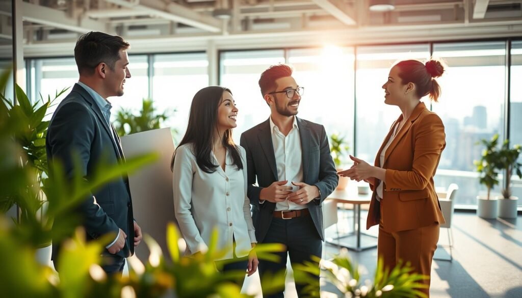 A vibrant and harmonious office environment illustrating the concept of empathy at work. In the foreground, a diverse group of three professionals, dressed in business attire, is engaged in a collaborative discussion, showcasing active listening and supportive body language. One individual gestures appreciatively while another nods empathically. In the middle ground, an inviting workspace with soft lighting and natural elements like plants adds warmth. The background features large windows with bright sunlight streaming in, casting soft shadows, and a city skyline visible. The atmosphere is positive and engaging, emphasizing teamwork and mutual respect. Capture the essence of emotional connections and understanding in professional settings with a focus on the interactions and expressions of empathy among colleagues.