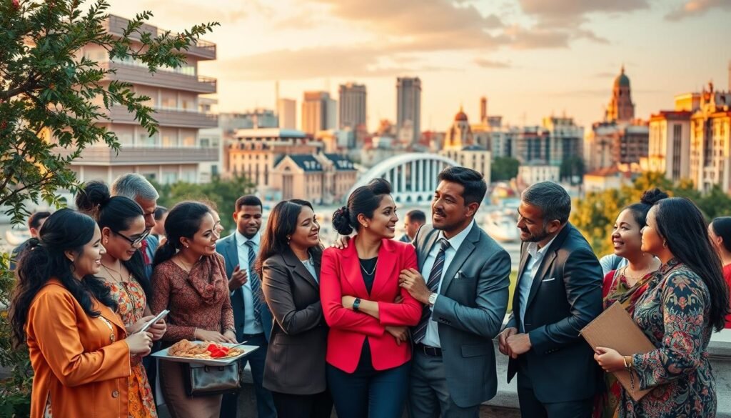 A vibrant and thought-provoking scene depicting love and needs within diverse cultural contexts. Foreground features a diverse group of people, including individuals from various ethnic backgrounds, engaging in warm, supportive interactions, dressed in professional business attire. In the middle ground, symbolic elements representing different cultures, such as traditional artifacts, food, and textiles, showcase the variety of expressions of love and necessity. The background features a scenic urban setting, blending architectural styles from around the world, bathed in soft, warm golden hour lighting to evoke a sense of connection and warmth. The mood is uplifting and reflective, capturing the essence of love as a fundamental human need. The angle is slightly elevated, providing a panoramic view that illustrates the interwoven nature of love and cultural contexts.