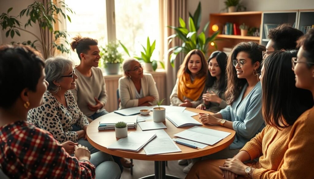 A vibrant community meeting scene illustrating emotional awareness and conscious decision-making. In the foreground, a diverse group of individuals, dressed in professional and modest casual attire, engage in animated discussion, their expressions reflecting empathy and understanding. In the middle, a round table filled with papers, notes, and various community resources emphasizes collaboration. In the background, an inviting environment with soft, natural lighting, showcasing plants and a large window that lets in warm sunlight, infuses the scene with a sense of hope and positivity. The atmosphere is warm and inclusive, fostering a sense of belonging and community support, evoking feelings of shared purpose and interconnectedness.