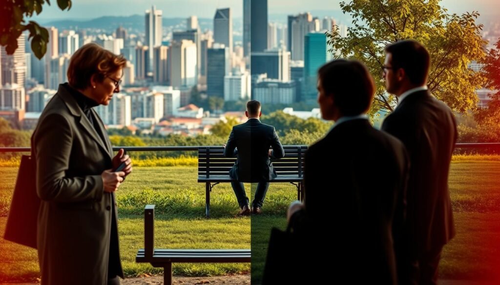 A visual representation of the concept of differentiation between connection and alienation in the context of life and communication. In the foreground, a diverse group of professionals in business attire, engaged in lively discussion, symbolizing connection, with warm lighting illuminating their faces. In the middle, contrasting this, a solitary figure sitting on a park bench, looking contemplative and distant, surrounded by shadows and cooler tones, representing alienation. In the background, a vibrant cityscape merges with a serene natural environment, symbolizing the duality of existence. The composition conveys a balance between warmth and isolation, with a soft focus effect to evoke a sense of introspection. The overall mood is thought-provoking and contemplative, inviting the viewer to reflect on the themes of connection and alienation.
