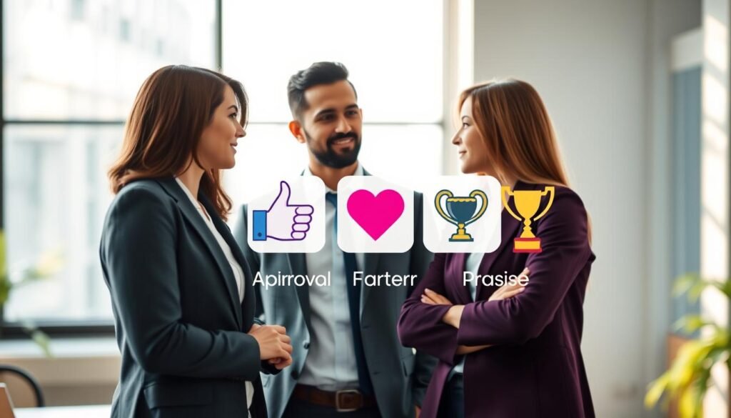 A visually engaging illustration depicting the differences between recognition, approval, flattery, and praise in communication. In the foreground, show a diverse group of three professional individuals engaged in a discussion, dressed in business attire, thoughtfully exchanging ideas. In the middle ground, represent icons or symbolic elements that visually distinguish recognition (a thumbs-up), approval (a checkmark), flattery (a heart), and praise (a trophy). The background should incorporate a softly lit office environment, highlighting a large window with natural light streaming in, casting soft shadows. The mood is collaborative and uplifting, emphasizing positive interaction and understanding among team members. Use a shallow depth of field to focus on the characters and symbols while gently blurring the background for emphasis.