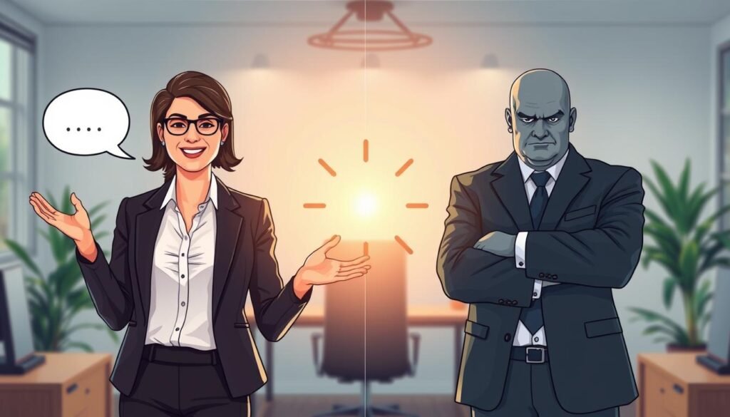 A visually engaging split-scene illustration showcasing the differences between requests and demands in communication. On the left (foreground), depict a confident professional in business attire, using open body language and a friendly expression while making a verbal request. On the right (foreground), show a stern figure, also in professional attire, frowning with crossed arms, representing a demand. In the middle section, connect the two with visual symbols: a soft light illuminating the request side, conveying warmth and collaboration, while a stark, shadowy light on the demand side suggests tension and authority. The background features a simple office setting, with a softly blurred desk and plants, enhancing the communication theme. The overall mood should blend professionalism with a clear contrast between openness and rigidity.
