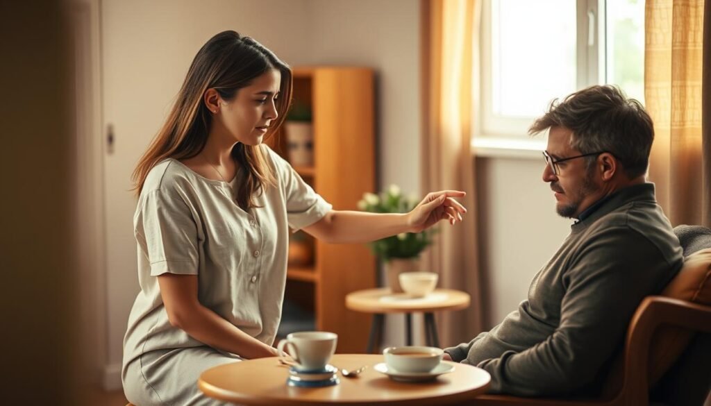 A warm and intimate scene depicting a compassionate interaction between two individuals in a softly lit room. In the foreground, a woman in modest casual clothing, with an empathetic expression, gently places her hand on the shoulder of a man sitting across from her, who is visibly distressed, embodying emotional pain. The middle ground features a small table with a comforting cup of tea, symbolizing care and presence. In the background, a softly blurred window allows natural light to filter in, creating a serene atmosphere. The overall mood conveys a sense of understanding and connection, emphasizing the power of empathy and human presence in alleviating suffering. The colors should be warm and soothing, enhancing the feeling of comfort and support.