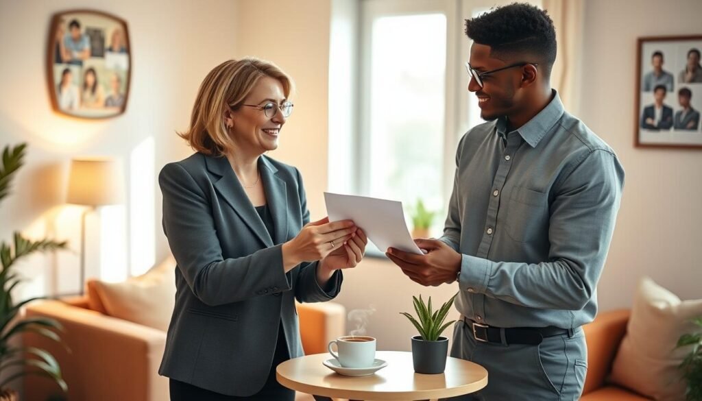 A warm, inviting scene depicting a diverse group of three professionals in a cozy office setting, expressing gratitude. In the foreground, a middle-aged woman in a smart blazer smiles softly as she receives a thank-you note from a young man in a button-up shirt. The middle ground features a small round table with a steaming cup of coffee and a potted plant, emphasizing a relaxed yet productive atmosphere. In the background, a window lets in soft, natural light, illuminating the room with a gentle glow. The overall mood is uplifting and harmonious, capturing the essence of effective gratitude reception, fostering positive connections in a professional environment.