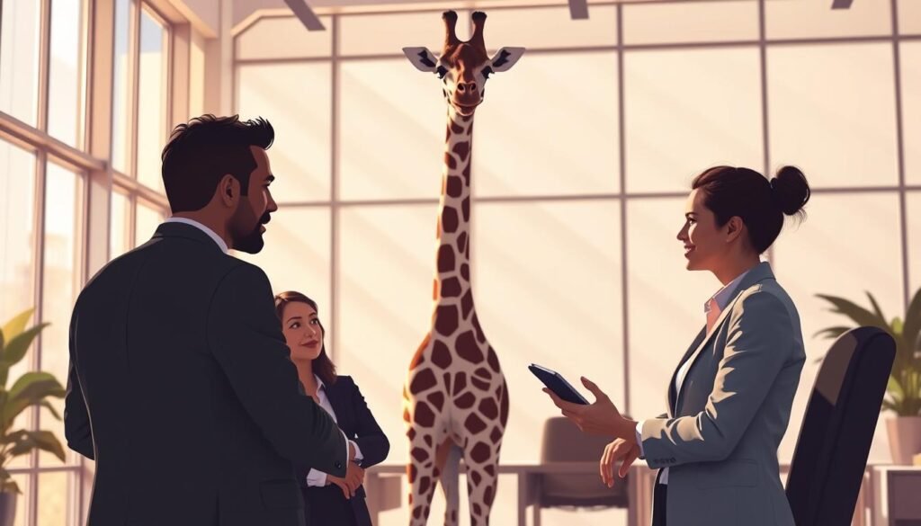 Create an illustration that depicts the concept of "making a giraffe" in communication, symbolizing empathy and understanding in a professional setting. In the foreground, show a diverse group of four individuals in business attire, engaging in a collaborative discussion, with one person demonstrating active listening, their posture open and inviting. In the middle ground, a tall, stylized giraffe stands gracefully, its long neck representing the elevated perspective of empathy in communication. The background features a modern office environment filled with soft natural light streaming through large windows, creating a warm and inviting atmosphere. The overall mood should evoke a sense of harmony, teamwork, and the importance of compassionate dialogue. Focus on rich colors and gentle shadows to enhance the tranquil environment.