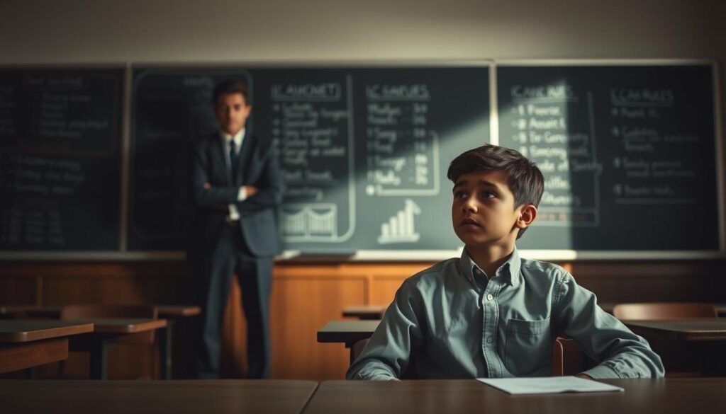 In a dimly lit classroom, a young student embodies the anxiety of "miedo a la autoridad." In the foreground, the student, a teenage boy in a neat button-up shirt and slacks, sits at a desk with a worried expression, glancing up at an imposing figure in the background. The authority figure, a stern teacher in a smart suit, stands at the front of the room, arms crossed, casting a long shadow that adds to the atmosphere of intimidation. Behind them, chalkboards filled with rules and grades enhance the educational setting. The lighting is soft but dramatic, highlighting the tension between the student and the authority figure. The image conveys feelings of fear and uncertainty, capturing the essence of fear of authority in educational environments.