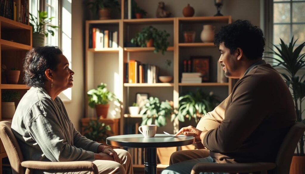 In a warm, softly lit room, two individuals of diverse ethnic backgrounds sit across from each other at a small table, engaging in a deep conversation. Their expressions convey understanding and compassion, with one person gently leaning forward, eyes focused intently on the other, who is nodding appreciatively. In the background, shelves filled with books and plants create a cozy atmosphere, enhancing the feeling of connection. The lighting is natural, filtered through a nearby window, casting gentle shadows that add depth. The image captures the essence of empathy versus sympathy—highlighting genuine emotional connection rather than mere acknowledgment. The overall mood is serene and thoughtful, inviting the viewer to reflect on the power of interpersonal relationships.
